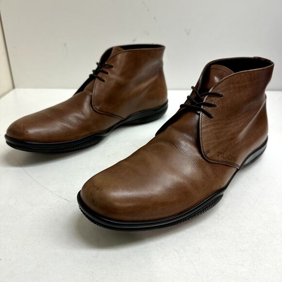 GOOD Prada Sport Leather Lace-Up Boots Chukka Brown Calf T 2050 UK 8.5 / US 9.5 - Picture 5 of 11